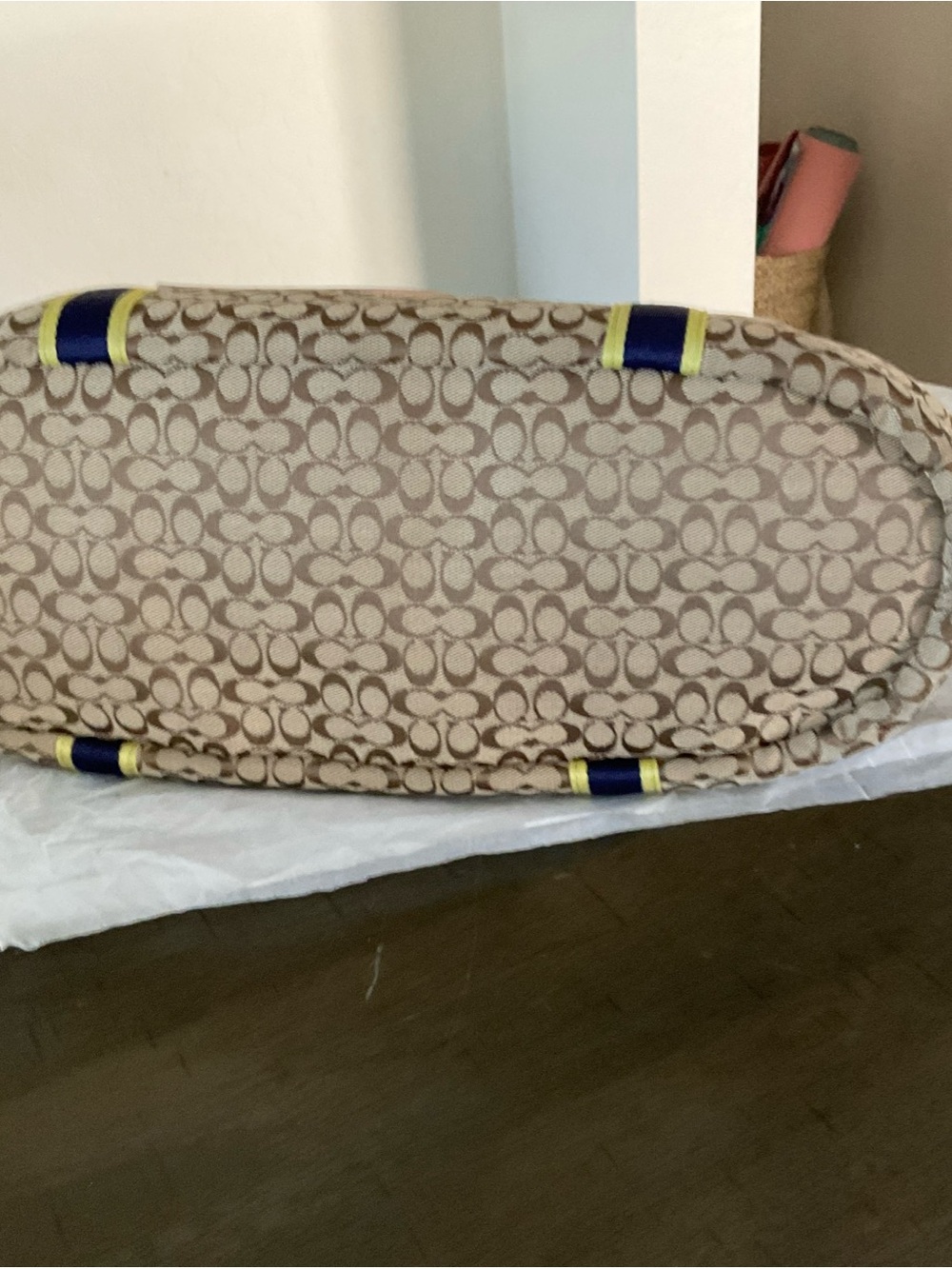 Coach Signature C Jacquard Canvas Tote Bag Tan Leather Trim Shoulder Bag - Picture 9 of 11